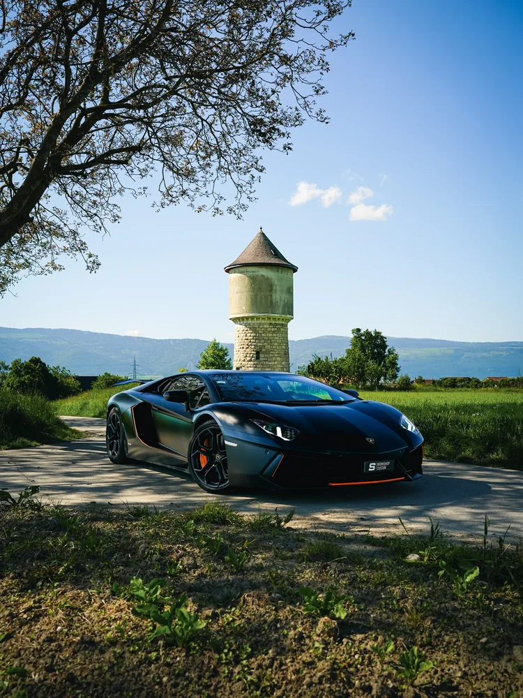 Lamborghini Aventador noir mat avec design à liserés orange, garée sous un arbre devant un château d'eau